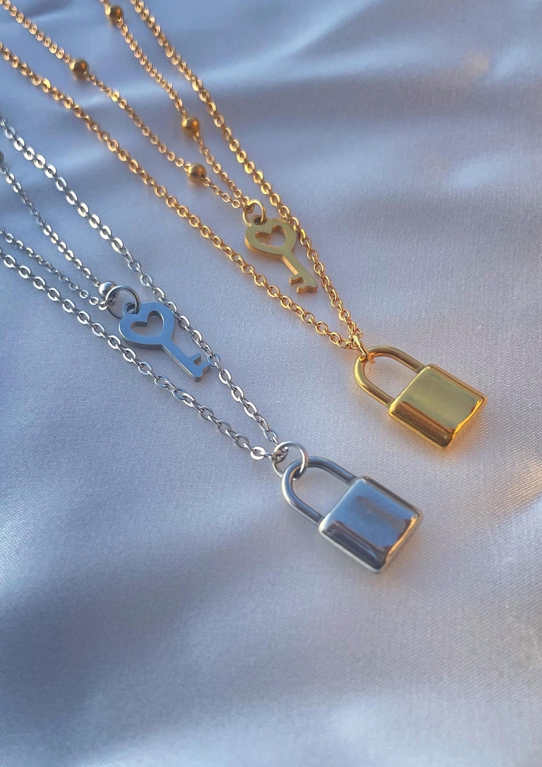 Stainless Steel Locker & Key Pendant Necklace Set – For Couples, Black/Rose Gold, CZ Accents, NP252