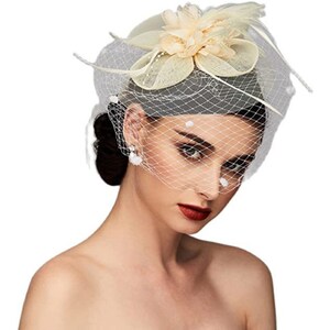 Floral Fascinator Hat For Women Tea Party 20s Feather Fascinator Mesh Net Veil Wedding Tea Party Hat Lady Day Beige