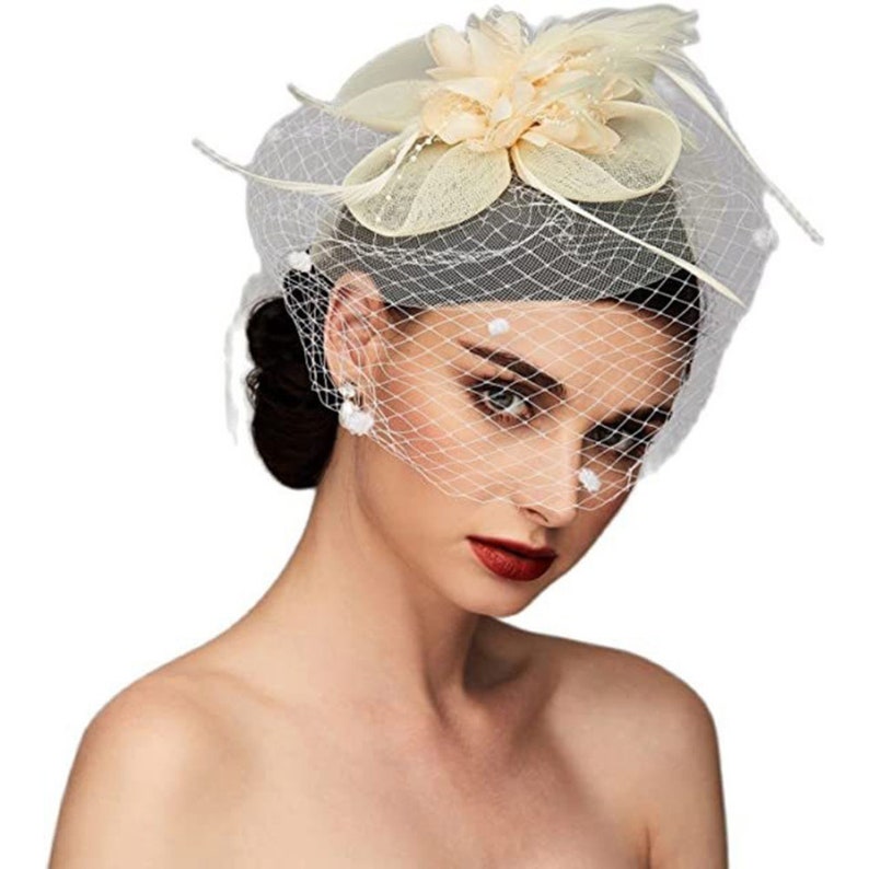 Blumen Fascinator Hut Für Frauen Teeparty 20er Jahre Feder Fascinator Mesh Netz Schleier Hochzeit Teeparty Hut Lady Day Beige