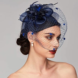 Floral Fascinator Hat For Women Tea Party 20s Feather Fascinator Mesh Net Veil Wedding Tea Party Hat Lady Day Navy Blue