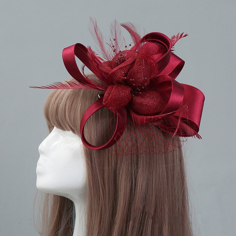 Sombrero tocado sinario de plumas, tocado para bodas, carreras de Ascot, fiesta del té Wine Red