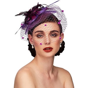 Floral Fascinator Hat For Women Tea Party 20s Feather Fascinator Mesh Net Veil Wedding Tea Party Hat Lady Day Purple