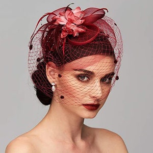 Floral Fascinator Hat For Women Tea Party 20s Feather Fascinator Mesh Net Veil Wedding Tea Party Hat Lady Day Wine Red