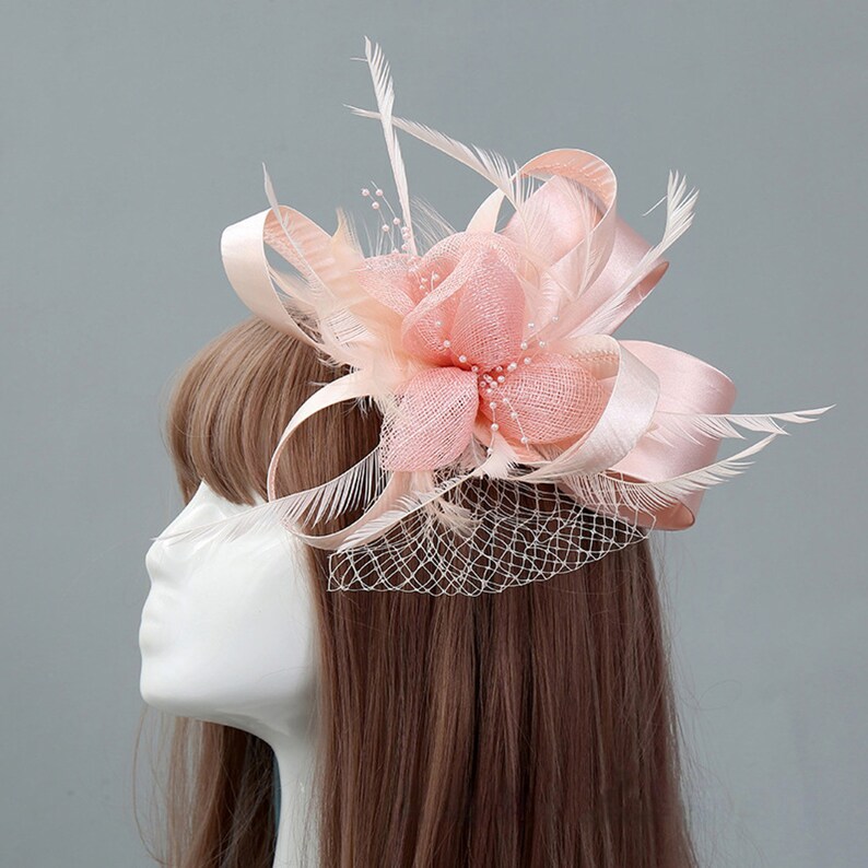 Feather Sinary Fascinator Hat,Fascinator Weddings Ascot Races Tea Party Różowy