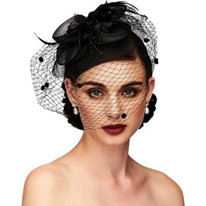 Floral Fascinator Hat For Women Tea Party 20s Feather Fascinator Mesh Net Veil Wedding Tea Party Hat Lady Day Black