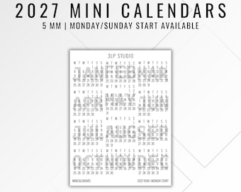 May include: A 2027 mini calendar sheet featuring twelve months arranged in a grid. The text 3LP STUDIO is at the top. Each month displays dates with a Monday start. The header reads 2027 MINI CALENDARS 5 MM | MONDAY/SUNDAY START AVAILABLE.