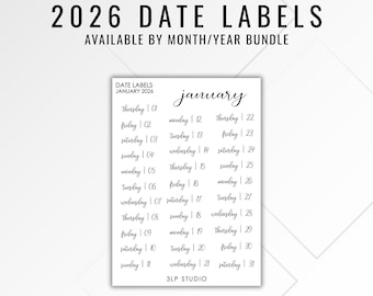 2026 Date Labels | Clear Functional Date Labels,  Minimal & Functional Planner Stickers, Minimal Planner Labels, Bullet Journal Stickers
