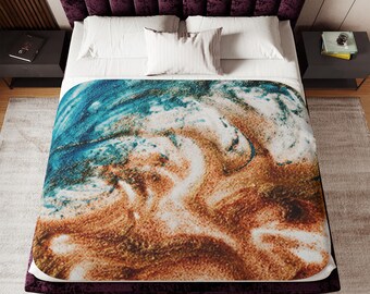 Beach Vibes, Sherpa Blanket in Beige or Grey, Chic Throw Blanket or Beautiful Bed Cover, Rounded Corners, Multiple Sizes