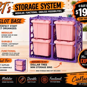 May include: A purple modular storage system featuring a 4-slot base with four light pink rectangular storage bins. The system has a honeycomb-patterned frame and includes text such as CT's STORAGE SYSTEM, 4-SLOT BASE, and DESIGNED TO FIT DOLLAR TREE MINI STORAGE BINS.