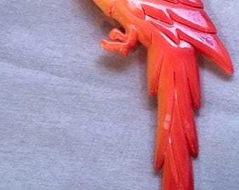Spilla vintage in celluloide a forma di pappagallo – Ara italiana con sfumature corallo, occhio di strass, bigiotteria di metà secolo