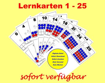May include: A set of 25 printable learning cards featuring numbers 0 to 25. Each card has a number, a hand with fingers representing the number, and a grid of red and blue circles.