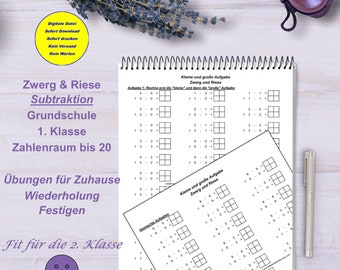 Peut inclure: Feuille de travail imprimable en noir et blanc pour les élèves de première année. La feuille de travail présente des problèmes de soustraction pour les nombres jusqu'à 20. Le titre de la feuille de travail est "Zwerg & Riese Subtraktion Grundschule 1. Klasse Zahlenraum bis 20" qui se traduit par "Nain & Géant Soustraction École primaire 1ère année Gamme de nombres jusqu'à 20".