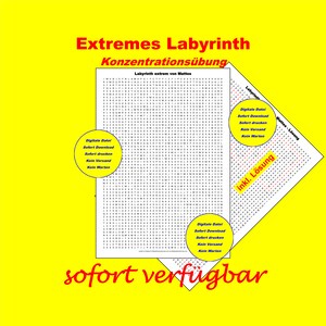 Puede incluir: Un fondo amarillo con un rompecabezas de laberinto impreso y el texto "Extremes Labyrinth" en rojo. El rompecabezas incluye el texto "Labyrinth extrem von Mattes" y "inkl. Lösung". El texto adicional incluye "Digitale Datei" y "sofort verfügbar".