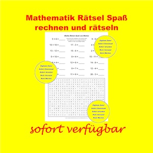 Peut inclure: Une feuille de calcul imprimable jaune et rouge avec des problèmes de mathématiques pour les enfants. La feuille de calcul a un titre qui dit "Mathematik Rätsel Spaß rechnen und rätseln" et comprend une recherche de mots. La feuille de calcul est disponible en téléchargement numérique.