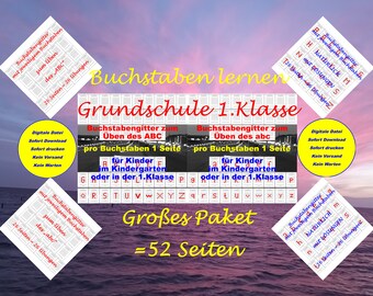 Może przedstawiać: Kolorowy obraz z tekstem "Buchstaben lernen Grundschule 1. Klasse" w języku niemieckim. Obraz przedstawia zestaw arkuszy ćwiczeń alfabetu dla dzieci w przedszkolu lub w pierwszej klasie. Widoczny jest również tekst "Großes Paket = 52 Seiten".