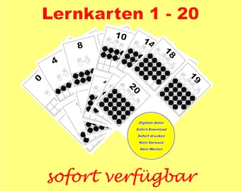 May include: Black and white printable learning cards numbered 0 to 20. Each card features a grid with black circles representing the number. The text "Lernkarten 1 - 20" is at the top of the image. The text "Digitale Datei Sofort Download Sofort drucken Kein Versand Kein Warten" is in a circle at the bottom of the image. The text "sofort verfügbar" is at the bottom of the image.