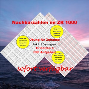Op de afbeelding: Een digitale download voor een wiskunde werkboek met de titel "Nachbarzahlen im ZR 1000" met de tekst "Übung für Zuhause inkl. Lösungen 10 Seiten = 600 Aufgaben" en de zin "sofort verfügbar" in rood.