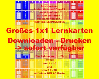 May include: A colorful printable set of 1x1 multiplication flashcards. The image shows a grid of 20 cards with numbers 1-20. The text on the image reads "Großes 1x1 Lernkarten Downloaden - Drucken -> sofort verfügbar".