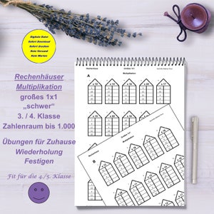 Puede incluir: Hoja de trabajo imprimible en blanco y negro para practicar la multiplicación. La hoja de trabajo presenta una serie de casas con números dentro de cada casa. El título de la hoja de trabajo es "Rechenhäuser Multiplikation großes 1x1 "schwer" 3./4. Klasse Zahlenraum bis 1.000 Übungen für Zuhause Wiederholung Festigen Fit für die 4./5. Klasse".