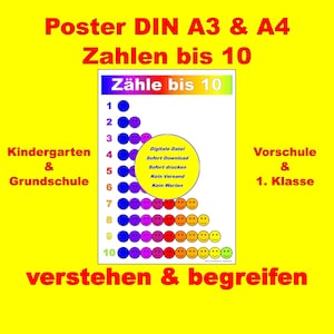 Learning poster &quot;Count to 10&quot; - Colorful number poster with smileys for children (Download DIN A4 & DIN A3) Math learning poster for children | Primary school