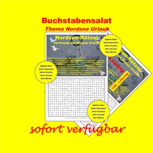 Könnte beinhalten: Ein farbenfrohes Suchrätsel mit dem Titel "Buchstabensalat" und dem Thema "Nordsee Urlaub". Das Rätsel zeigt ein Boot und Möwen, und die Wörter "Digitale Datei", "Sofort Download", "Sofort drucken", "Kein Versand" und "Kein Warten" sind sichtbar.