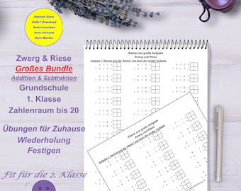 May include: A printable worksheet for first grade students featuring addition and subtraction problems. The worksheet is titled "Zwerg & Riese Großes Bundle Addition & Subtraktion Grundschule 1. Klasse Zahlenraum bis 20 Übungen für Zuhause Wiederholung Festigen Fit für die 2. Klasse".