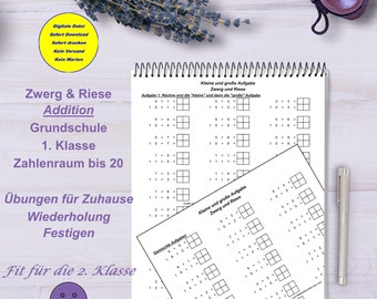 Peut inclure: Feuille de travail imprimable en noir et blanc pour les élèves de première année. La feuille de travail présente des problèmes d'addition pour les nombres jusqu'à 20. Le titre de la feuille de travail est "Zwerg & Riese Addition".