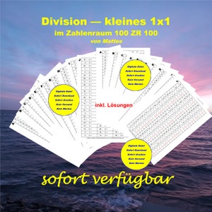 Op de afbeelding: Een set printbare werkbladen voor delingsproblemen binnen het getalbereik van 100. De werkbladen zijn gelabeld met de letters A tot en met J en bevatten de tekst "Division - kleines 1x1 im Zahlenraum 100 ZR 100 von Mattes" en "inkl. Lösungen". De tekst "Digitale Datei Sofort Download Sofort drucken Kein Versand Kein Warten" verschijnt op verschillende werkbladen.