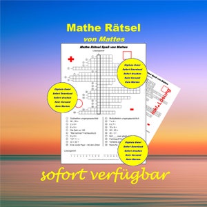 Könnte beinhalten: Ein schwarz-weißes druckbares Mathe-Kreuzworträtsel mit dem Titel "Mathe Rätsel Spaß von Mattes". Das Rätsel enthält ein Gitter mit Zahlen und mathematischen Gleichungen. Der Text "Digitale Datel Sofort Download Sofort drucken Kein Versand Kein Warten" erscheint auf der rechten Seite des Rätsels.