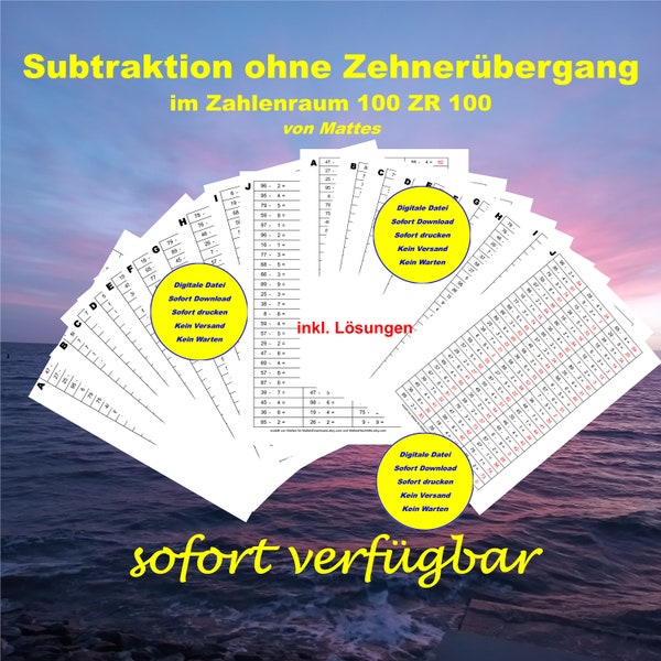 Subtraction without crossing over tens large bundle total of 750 tasks on 10 sheets - Minus calculation number range 100 - 2nd grade elementary school