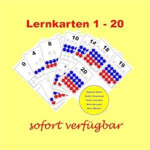 Può includere: Un set di 20 schede di apprendimento stampabili che rappresentano i numeri da 0 a 20. Ogni scheda ha una griglia con cerchi rossi e blu che rappresentano il numero. Il testo "Lernkarten 1 - 20" è nella parte superiore dell'immagine. Il testo "Digitale Datei Sofort Download Sofort drucken Kein Versand Kein Warten" è in un cerchio nella parte inferiore dell'immagine. Il testo "sofort verfügbar" è nella parte inferiore dell'immagine.