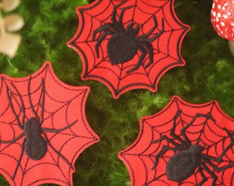 spider with spider net patch, red, iron on patch, embroidered patch, applique, patch for jacket, patch for backpack