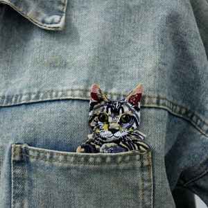 pocket tabby cat patch, kitty patch, iron on patch, embroidered patch, applique, patch for jacket, patch for backpack