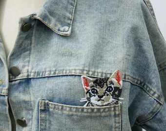 cute pocket cat patch, kitty patch, iron on patch, embroidered patch, applique, patch for jacket, patch for backpack