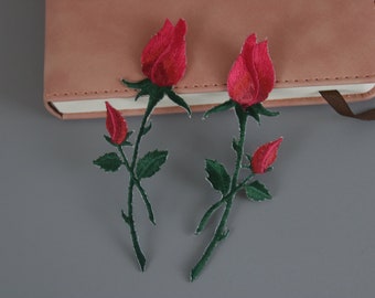 a pair of gorgeous red rose patch, flowers, iron on patch, embroidered patch, applique, patch for jacket, patch for backpack