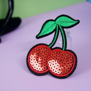 sequined cherry patch, iron on patch, embroidered patch, applique, patch for jacket, patch for backpack