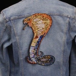 large sequined cobra snake patch, iron on patch, embroidered patch, applique, patch for jacket, patch for backpack
