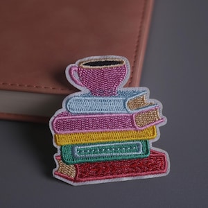 book patch, reading patch, coffee patch, iron on patch, embroidered patch, applique, patch for jacket, patch for backpack