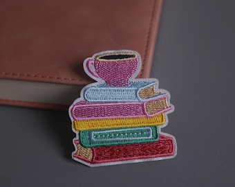 book patch, reading patch, coffee patch, iron on patch, embroidered patch, applique, patch for jacket, patch for backpack