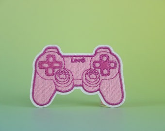 gamepatch, roze, gamepadpatch, opstrijkbare patch, geborduurde patch, stoffen, patch voor jas, patch voor rugzak
