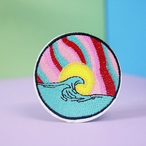 sun and sea wave patch, summer patch, iron on patch, embroidered patch, applique, patch for jacket, patch for backpack