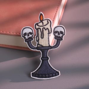 Embroidered Skull Candlestick Patch, Gothic Applique for Jackets, Backpacks