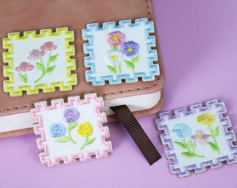 flower stamp patch, colorful rose daisy, iron on patch, embroidered patch, applique, patch for jacket, patch for backpack