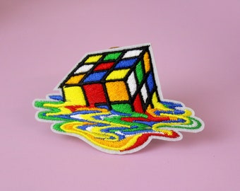 rainbow melting Rubik&#39;s cube patch, iron on patch, embroidered patch, applique, patch for jacket, patch for backpack