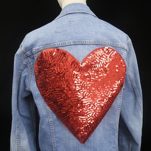 large sequined red heart patch, iron on patch, embroidered patch, applique, patch for jacket, patch for backpack
