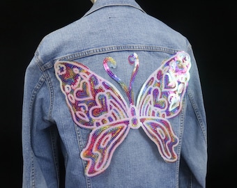 large sequined butterfly patch, colored, iron on patch, embroidered patch, applique, patch for jacket, patch for backpack