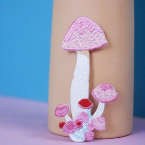 pink mushroom patch, iron on patch, embroidered patch, applique, patch for jacket, patch for backpack
