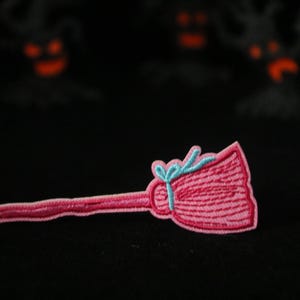 pink broom patch, witch patch, Halloween, iron on patch, embroidered patch, applique, patch for jacket, patch for backpack