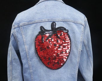 大きなスパンコールのイチゴパッチ、アイロンパッチ、刺繍パッチ、アップリケ、ジャケット用パッチ、バックパック用パッチ