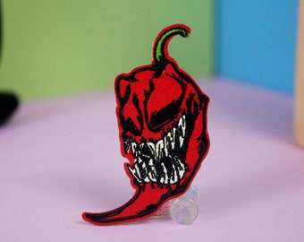evil red chili pepper patch, iron on patch, embroidered patch, applique, patch for jacket, patch for backpack